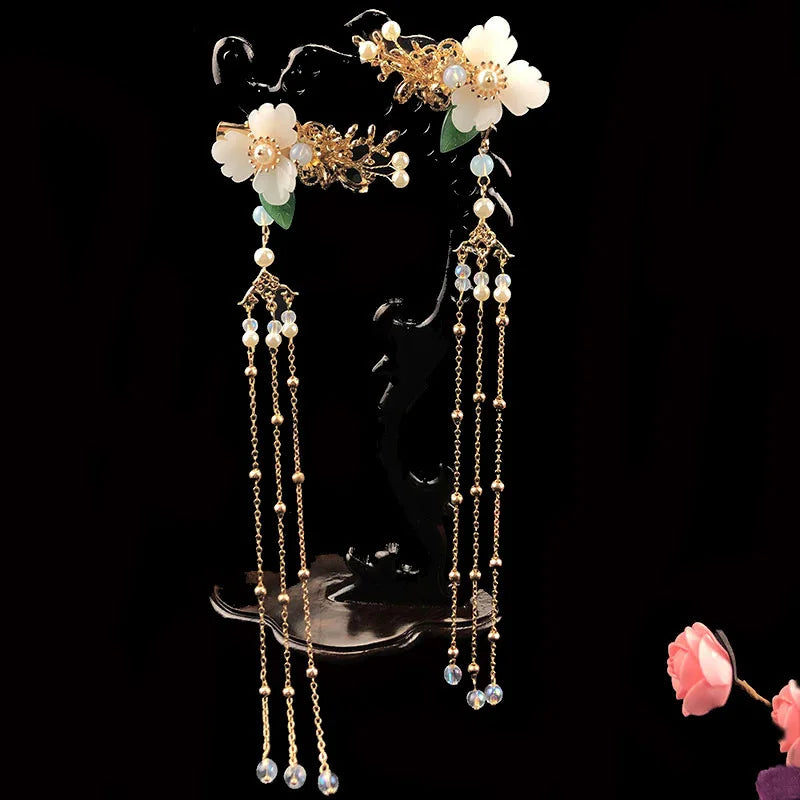 1pair Chinese Hanfu Hair Accessories Red Flower Hairpins