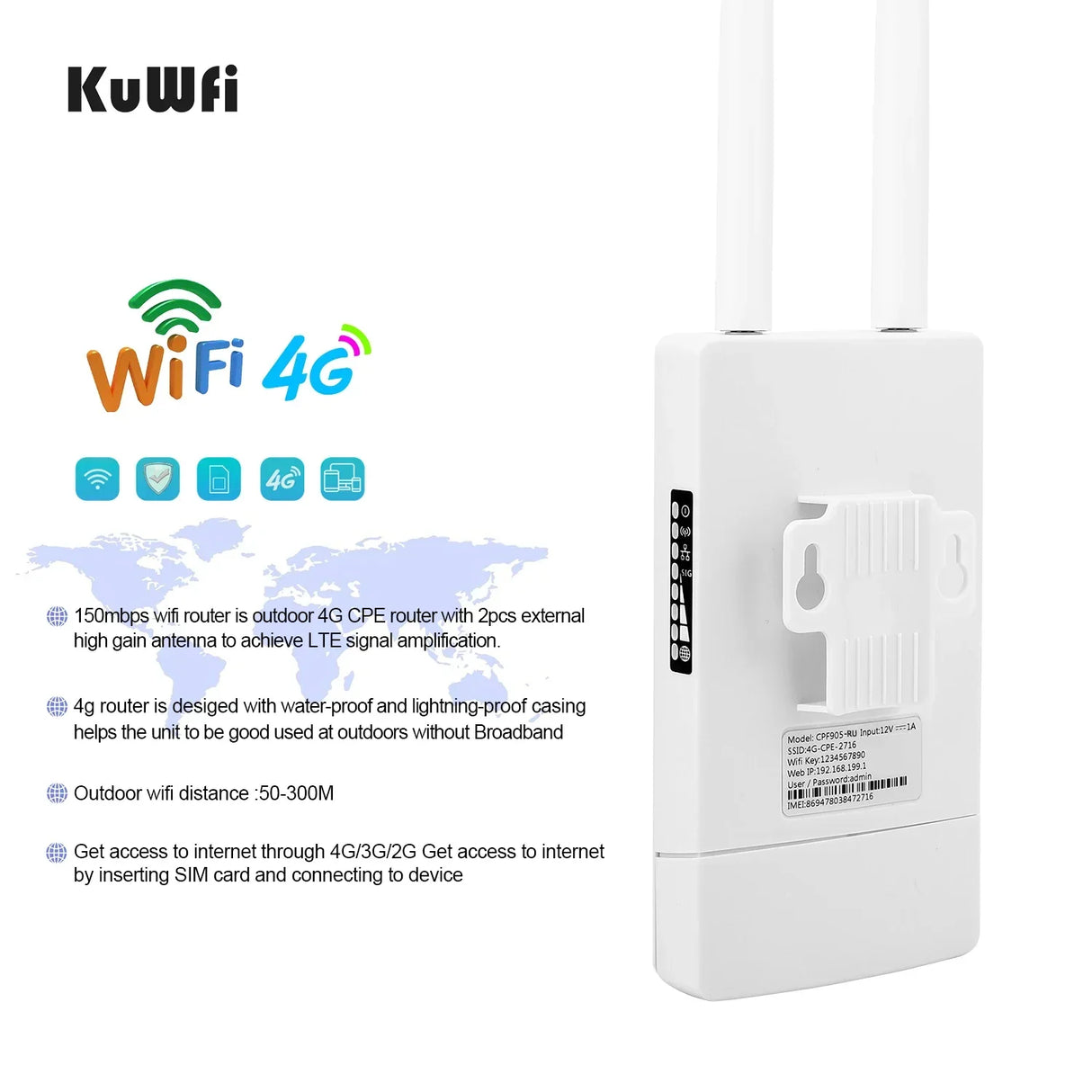 KuWFi 4g Outdoor Wifi Router With Sim Card