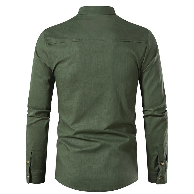 White Roll Up Mandarin Collar Dress Shirt Men