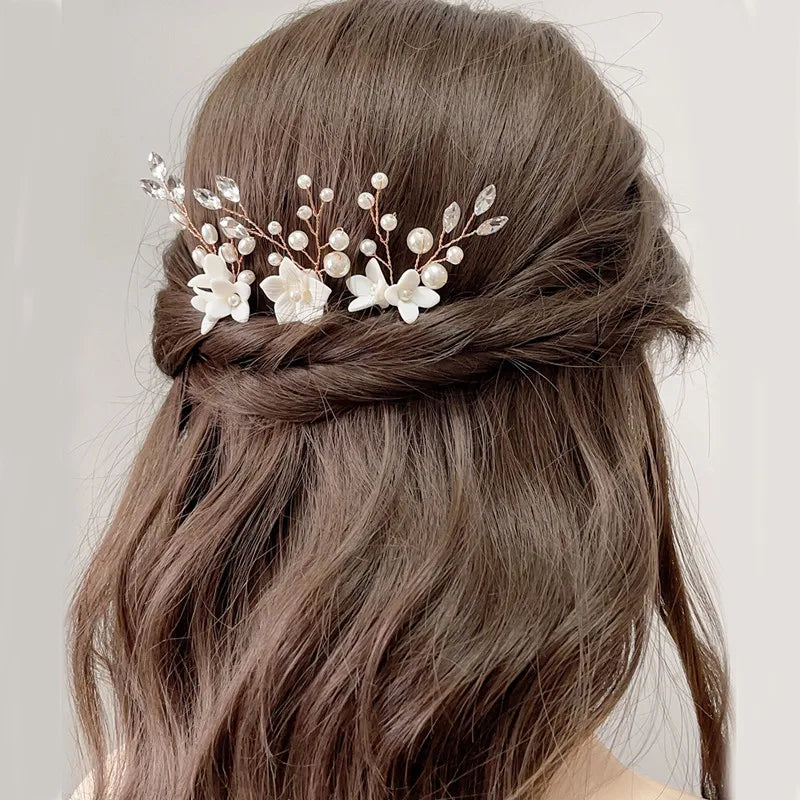 3pcs White Flower U Shaped Hairpin Pearl Elegant