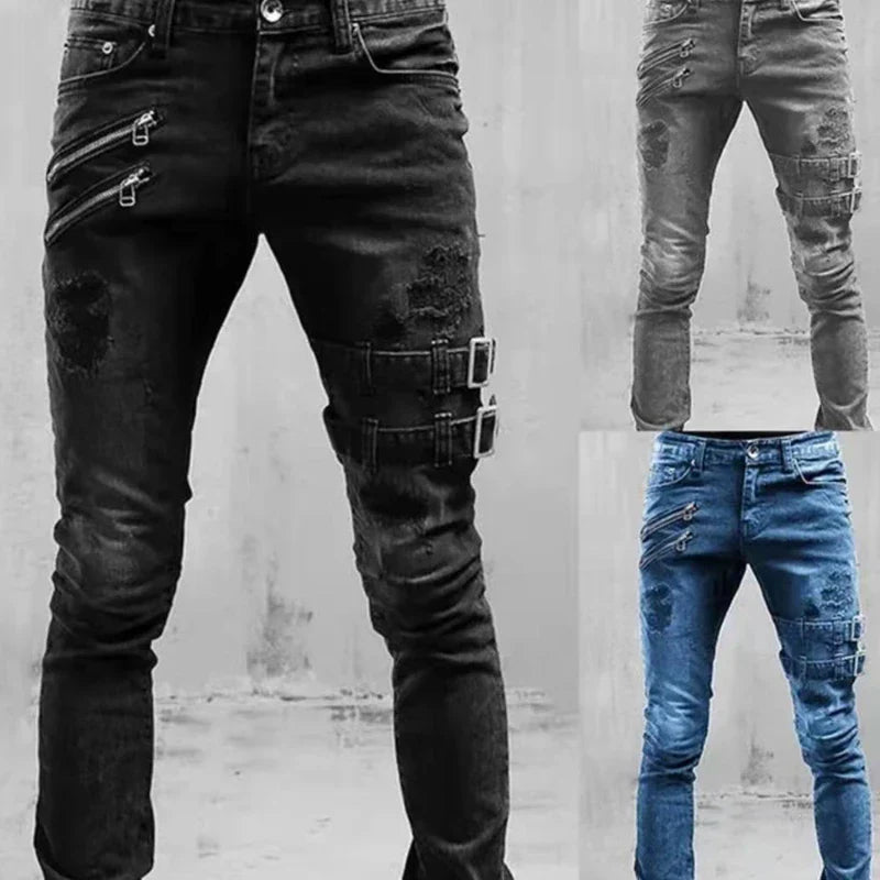 Men Slim Biker Ripped Long Denim Trousers Skinny