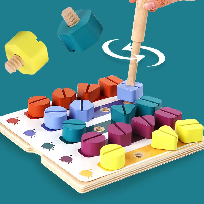 Children Wooden Screw Nut Disassembly Shape Color Matching