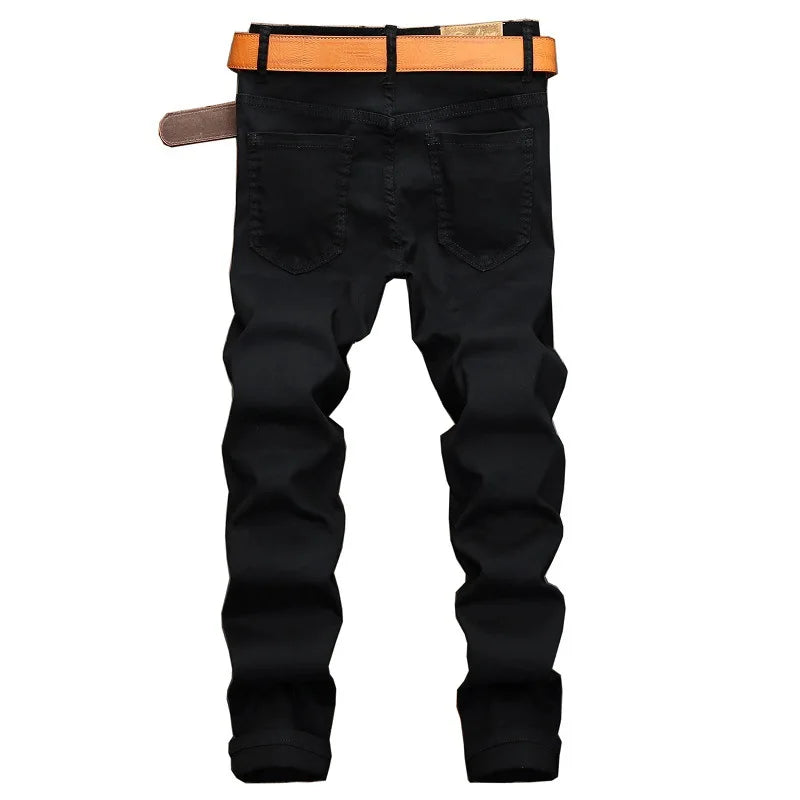 Men Jeans Knee Hole Design Denim Pants Black