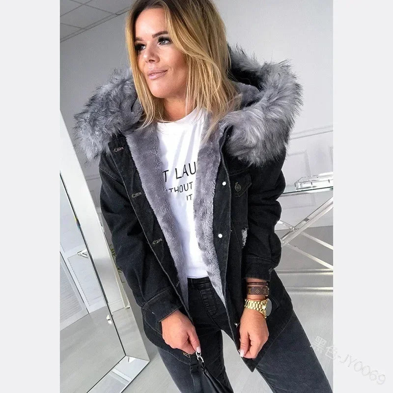 New 2024 Fashion Hooded Big Fur Collar Denim