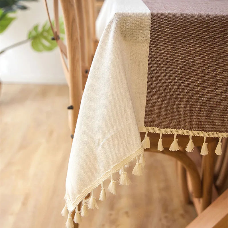 Plaid Decorative Linen Tablecloth With Tassel Waterproof Oilproof