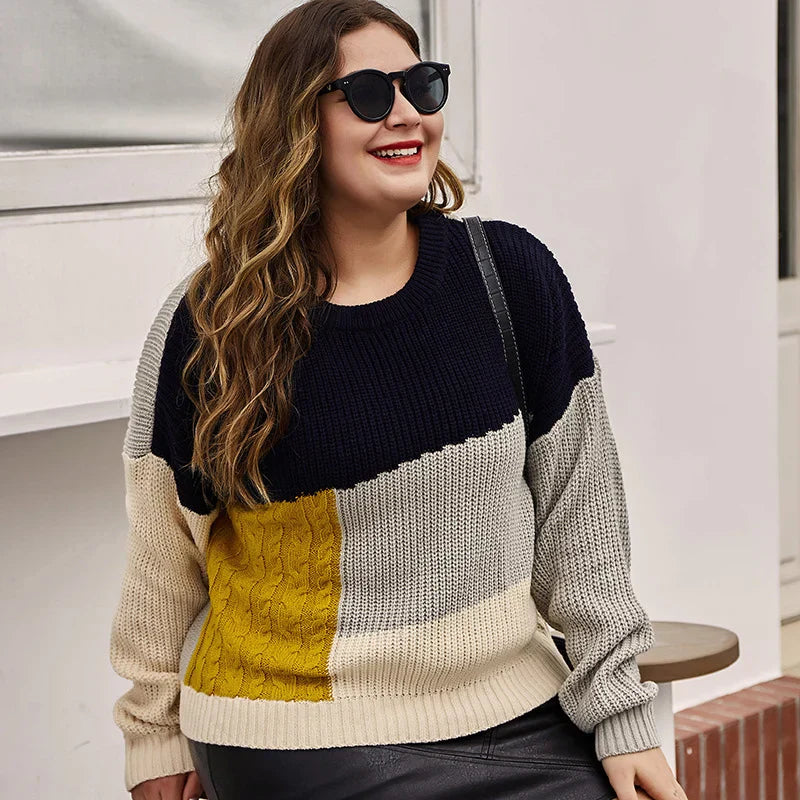 Autumn Winter Plus Size Oversized Patchwork Knitting Sweater