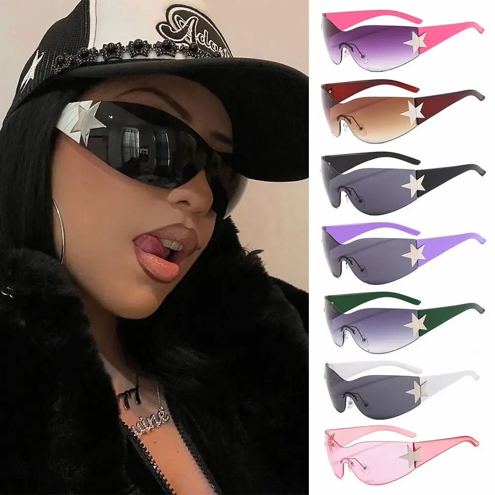 Rimless Y2K Sunglasses for Women Men,Trendy Wrap Around