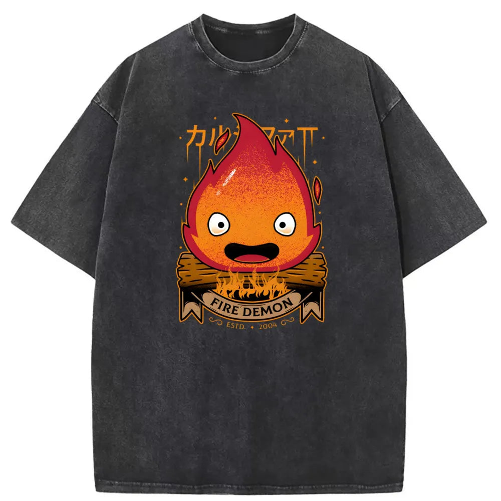 Calcifer Demon T Shirt Hip Hop Fall Washed