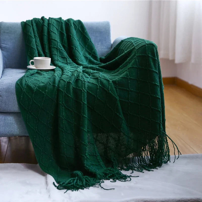 Textured Knitted Throw Blankets with Tassels Cozy Woven