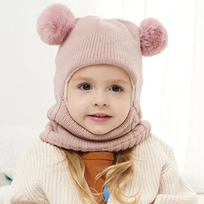 1-7Y Winter Baby Hat Scarf One-Piece Pompom Knit