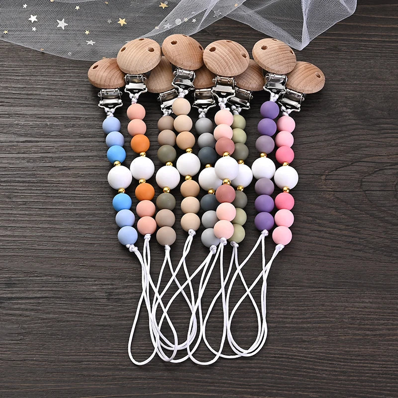 Baby Wooden Pacifier Clips Round Silicone Teether Beads