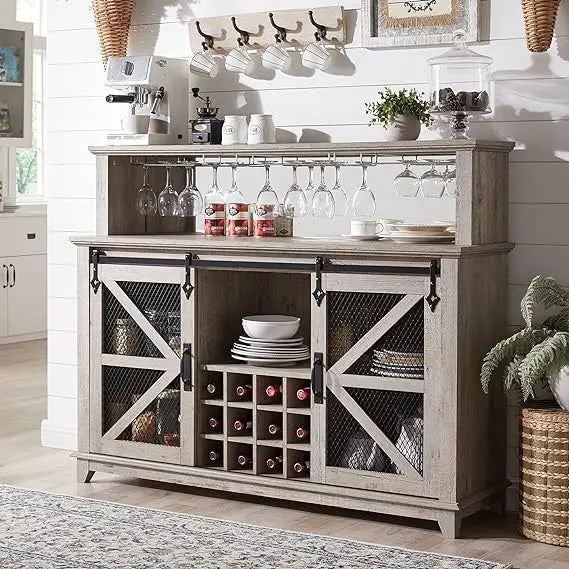 OKD Farmhouse Coffee Bar Cabinet with LED Lights,
