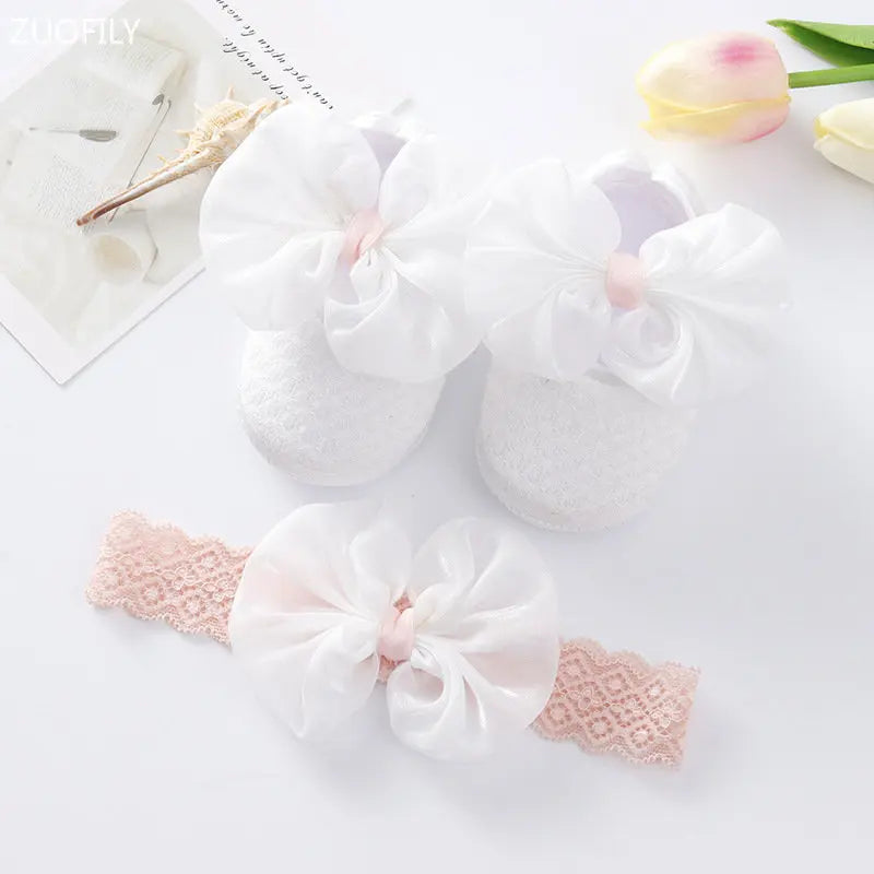 0~18M Cute Bowknot Newborn Baby Shoes Headband Set