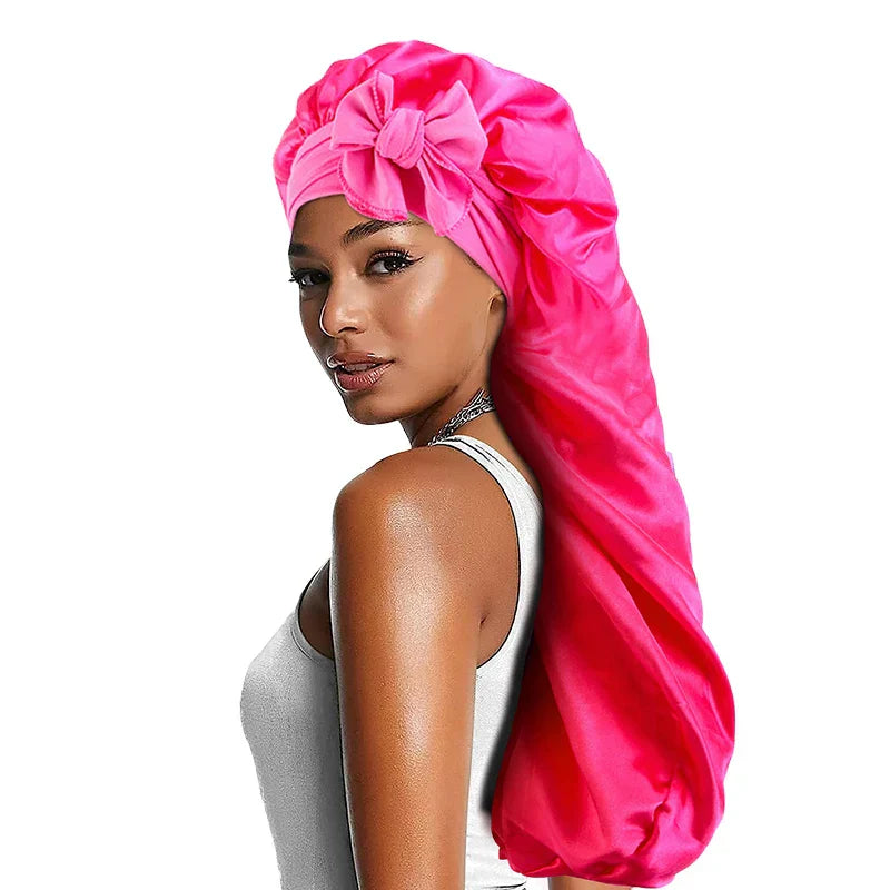 Women Satin Bonnets Adjustable Long Barrel Nightcap Solid