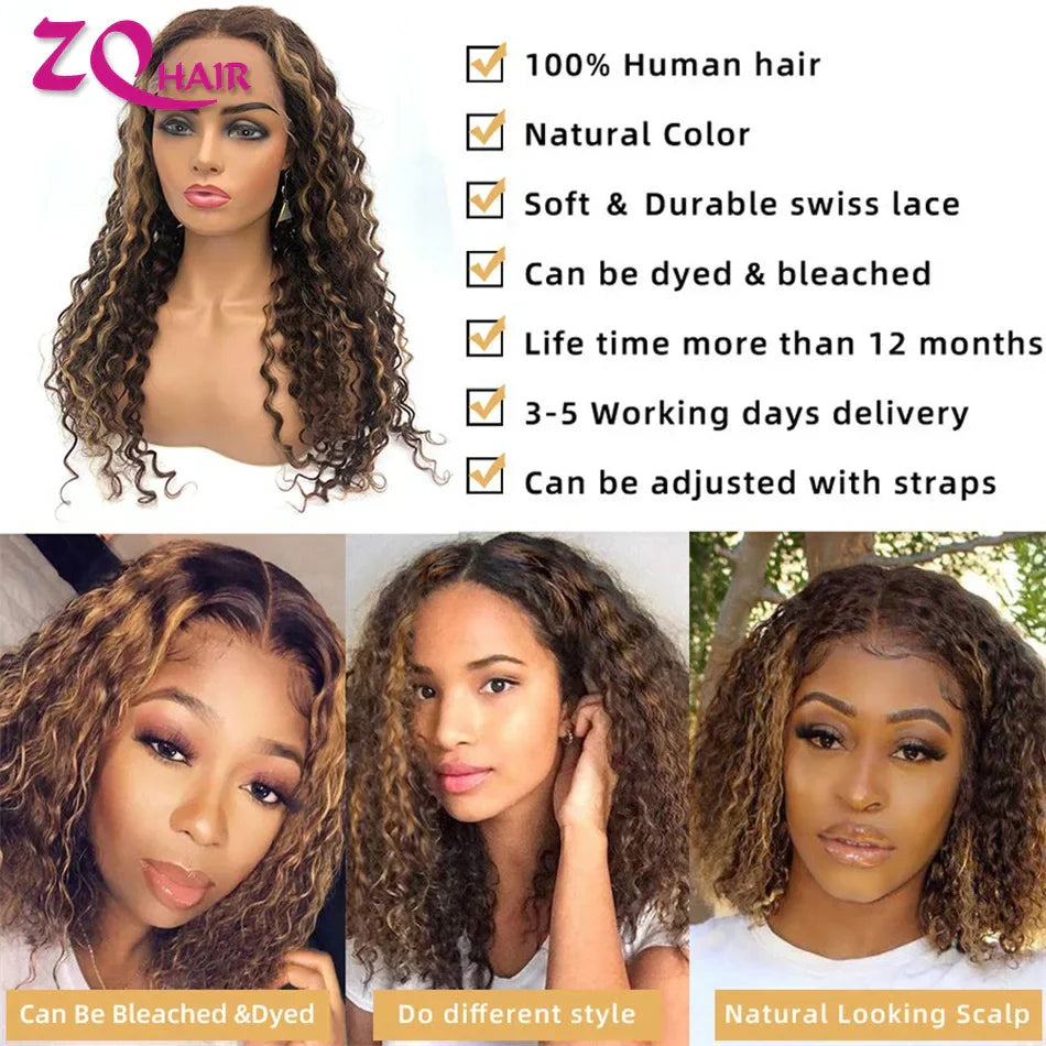 Glueless Highlight Wig Human Hair Curly Ombre Honey