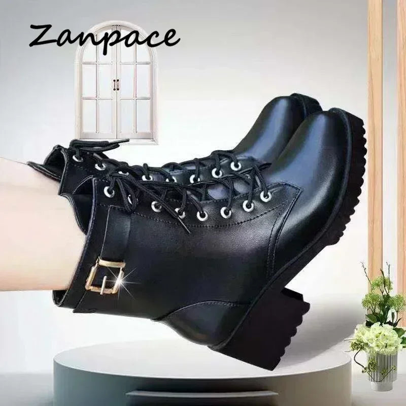 2023 Winter Leather Women Winter Boots Thick Wool