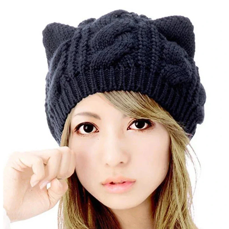 Solid Color Warm Cat Ear Knitted Hats Crochet