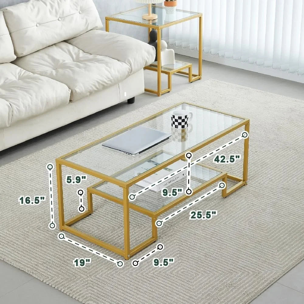 Metal Glass Coffee Table - Two-Tiered with Tempered