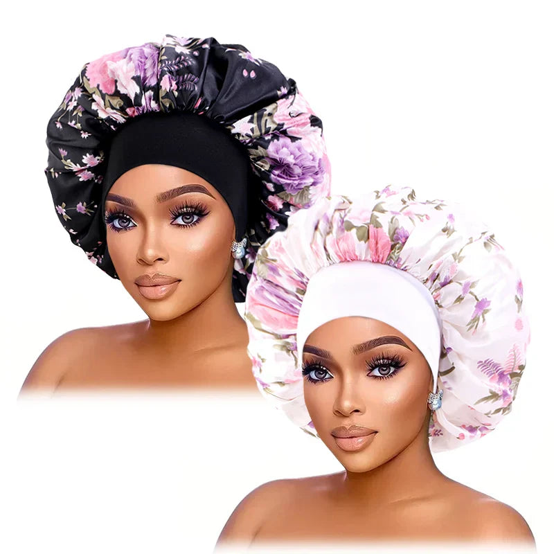 2PCS/LOT Large Satin Printed Wide-Brimmed Nightcap Elastic Head