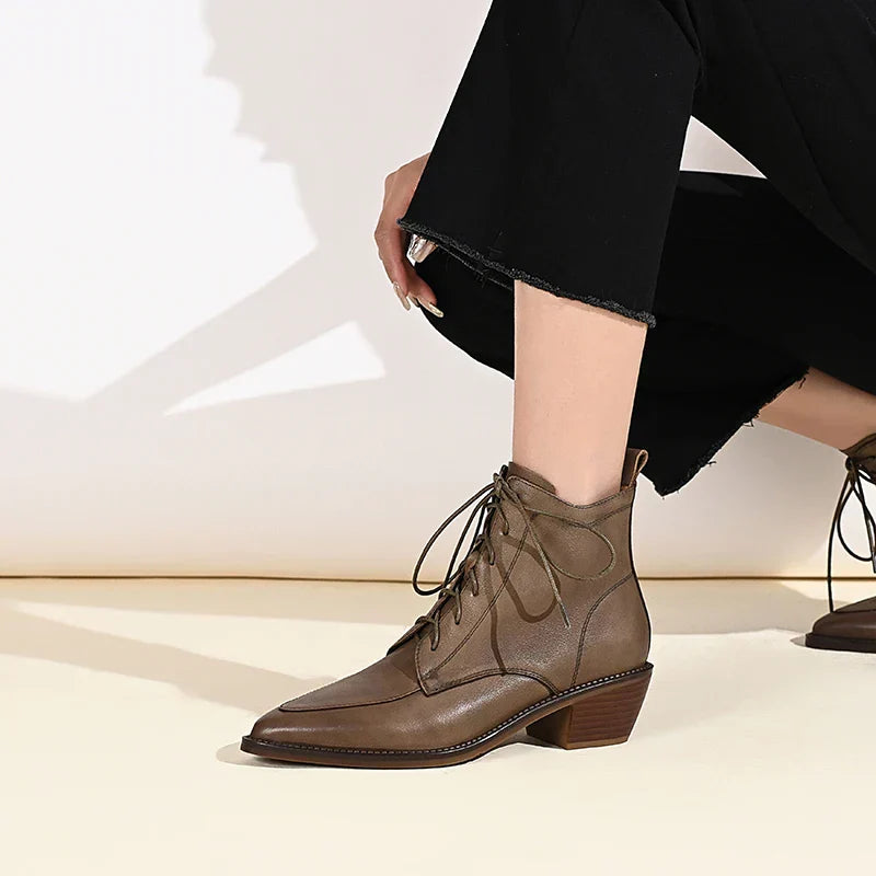 Genuine Leather Retro Mature Women Ankle Boots Pointed