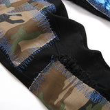 Men Camouflage Patches Stretch Denim Jeans Punk Black