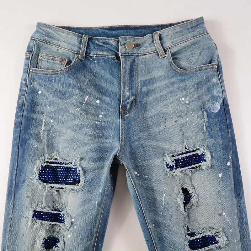 Men Crystal Stretch Denim Jeans Streetwear Painted Patch