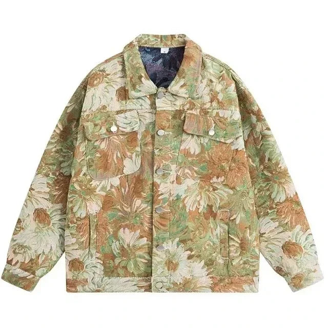 Full Flowers Jacquard Denim Jacket Men Korean Fashion