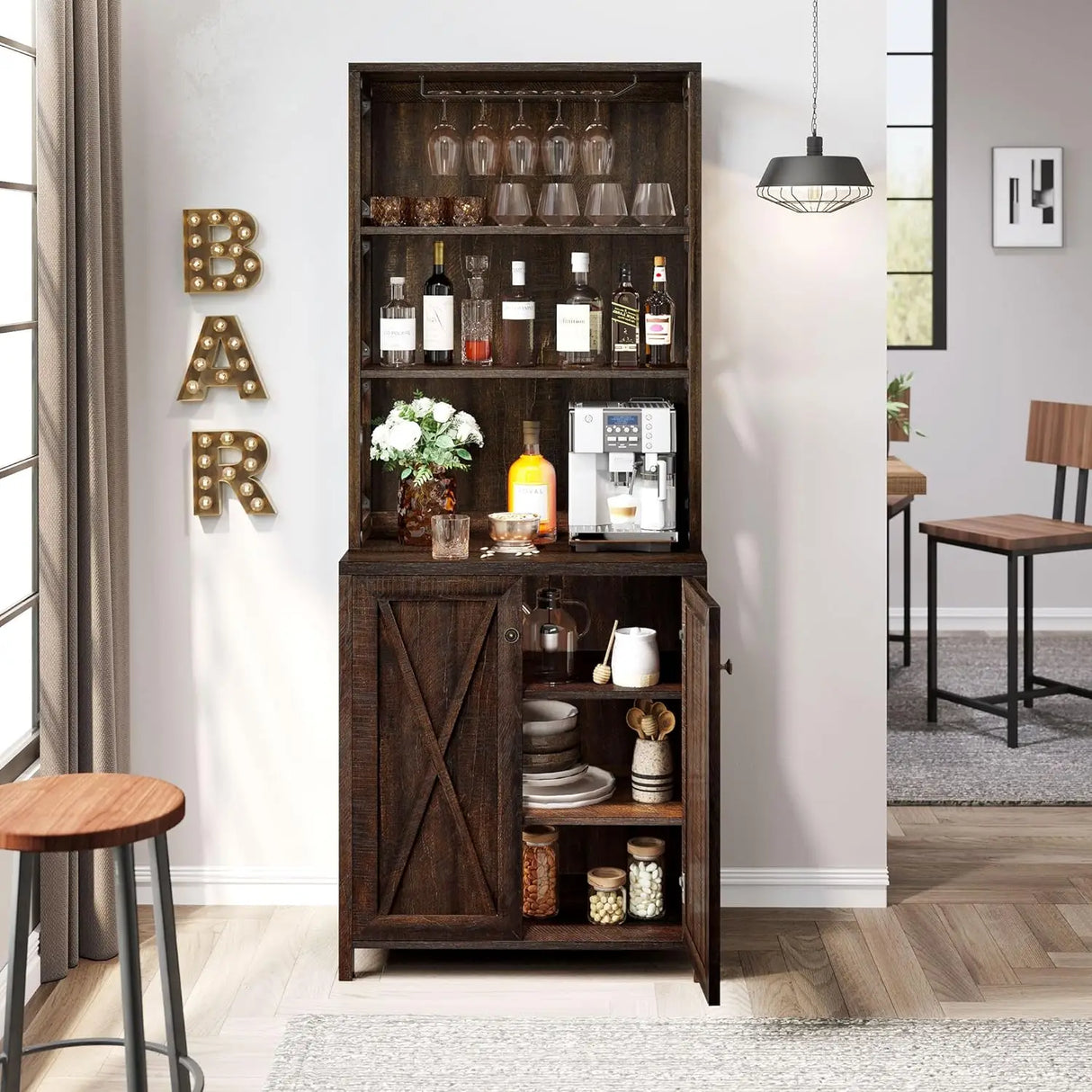 Bar Cabinet, Tall Farmhouse Coffee Bar Wine Cabinet