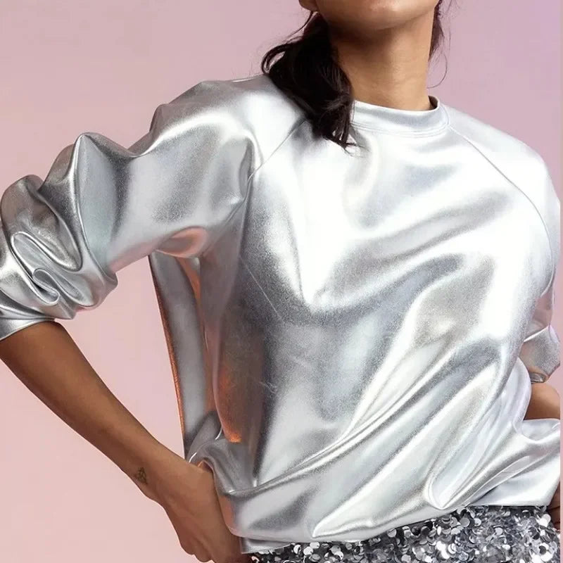 Silver Metallic PU Sweatshirt For Women Long Sleeve