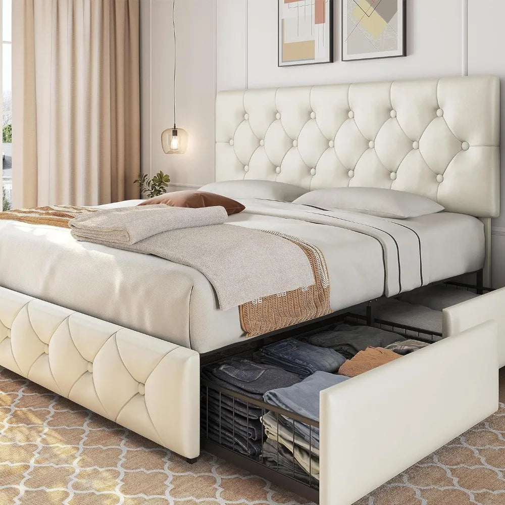 Upholstered Bed Frame with 4 Storage Drawers and