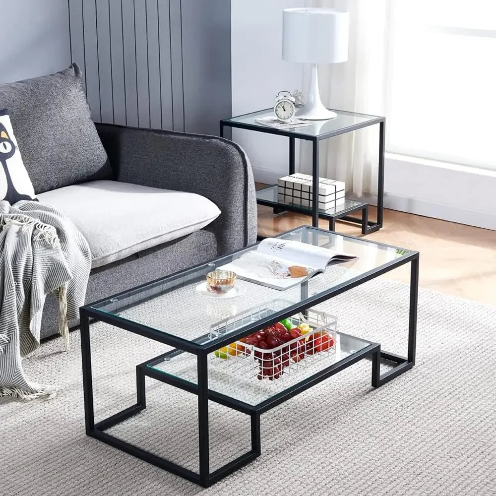 Metal Glass Coffee Table - Two-Tiered with Tempered
