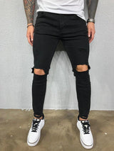 Distressed Knee Holes Elastic Skinny Jeans Men Ripped