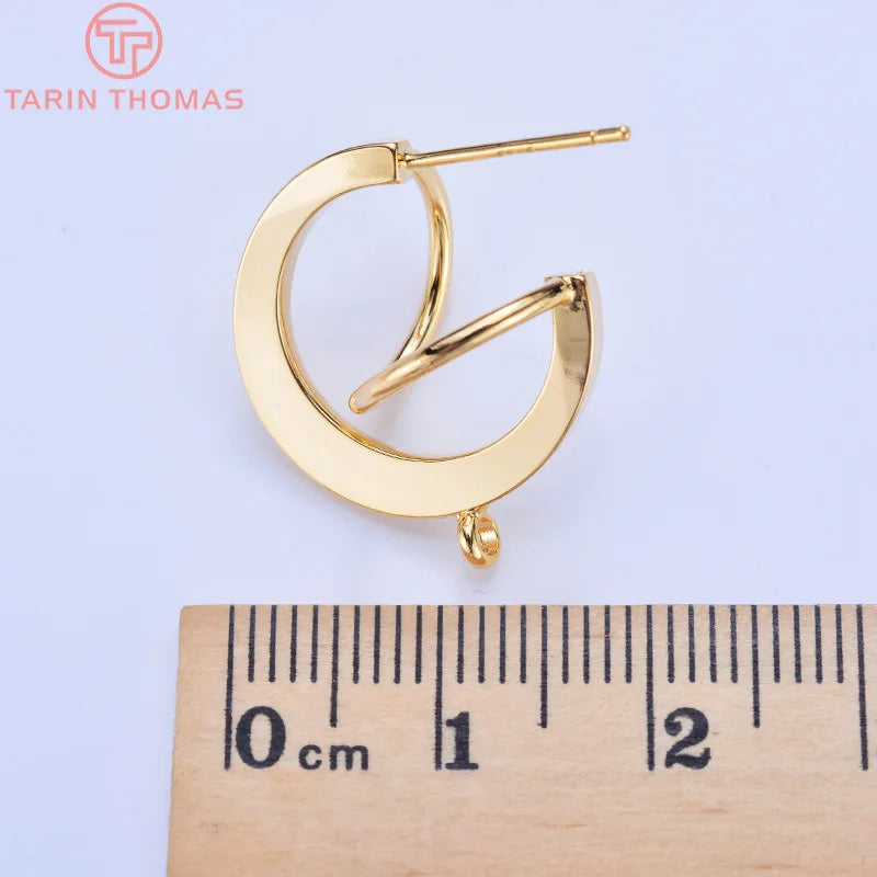 6PCS 20MM 24K Gold Brass Round S-Line Stud Earrings