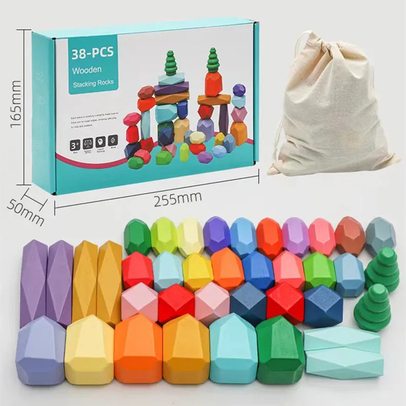Montessori Rainbow Wooden Stone Stacking Blocks Stapelstenen Balans