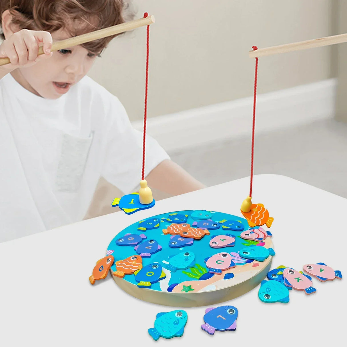 Montessori Wooden Fishing Children Toy Alphabet Numeric Cognition