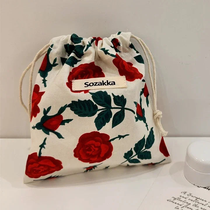 Cotton Fabric Floral Small Drawstring Bags Lipstick Toiletry Makeup Organizer Coin Pocket Bags Purse Keys Earphone Storage Bag