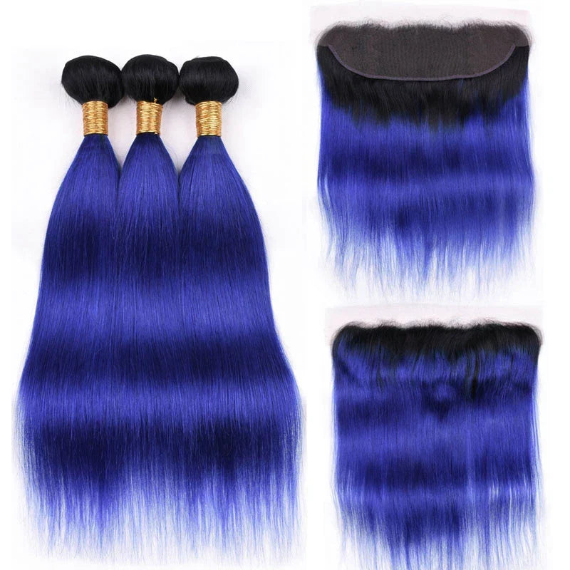 Elfriede 1BBlue Straight Ombre Colored Hair Bundles with