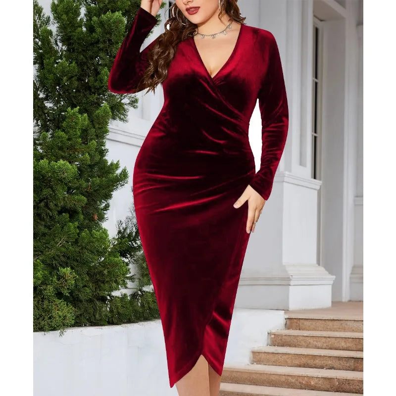 Plus Size Elegant Long Sleeve Velvet Skinny Dress