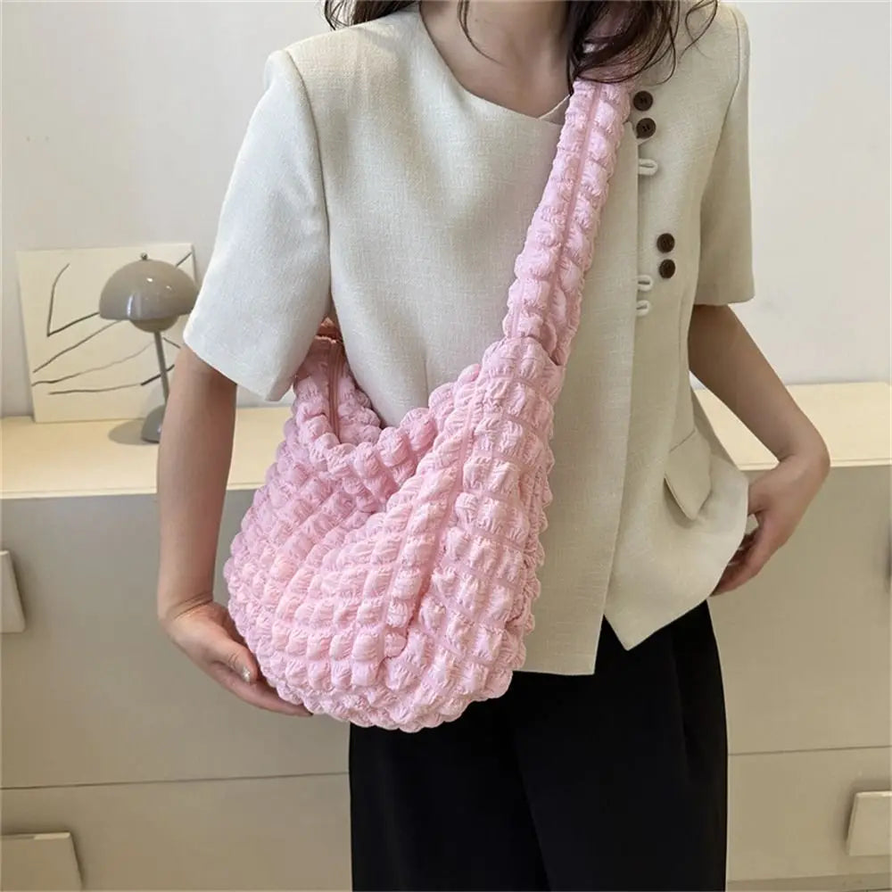 Plaid Quilted Shoulder Bag Cute Pleated Bubbles Solid