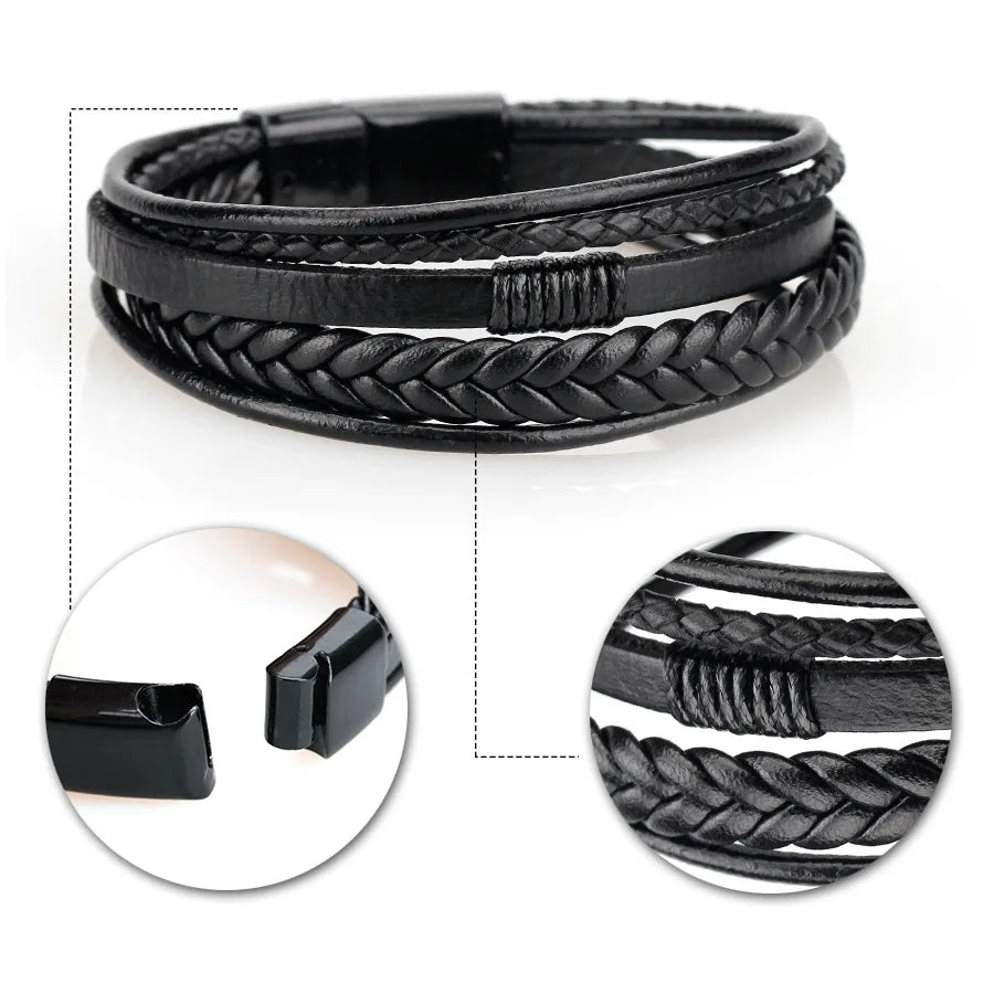 Trendy Leather Bracelets Men Stainless Steel Multilayer Braided