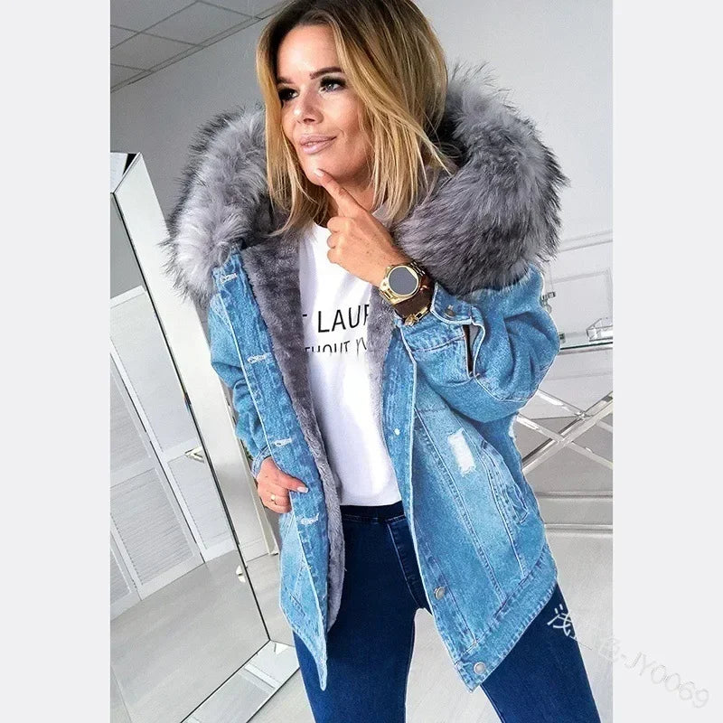 New 2024 Fashion Hooded Big Fur Collar Denim