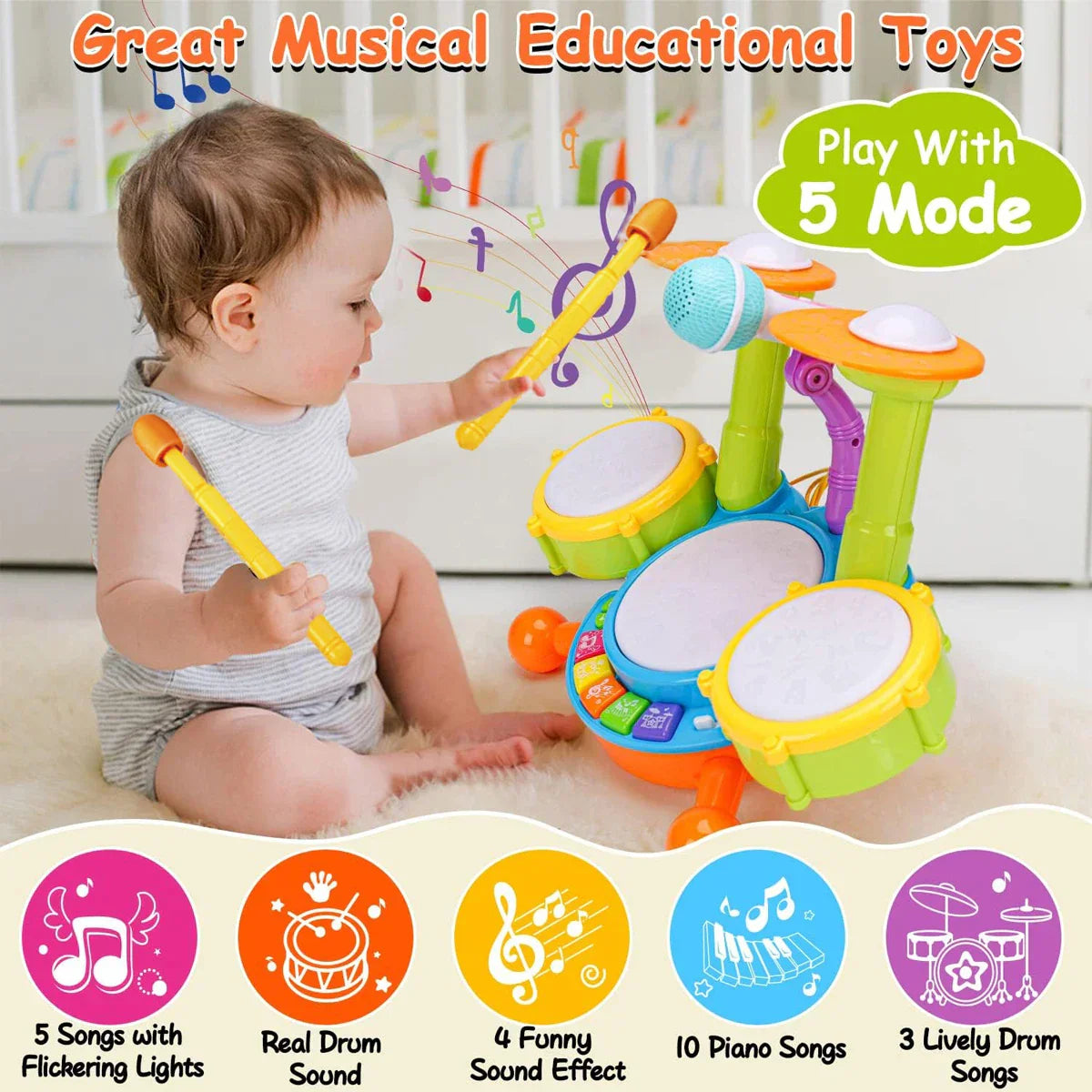 Kids Drum Set Toddlers Musical Baby Educational Instruments