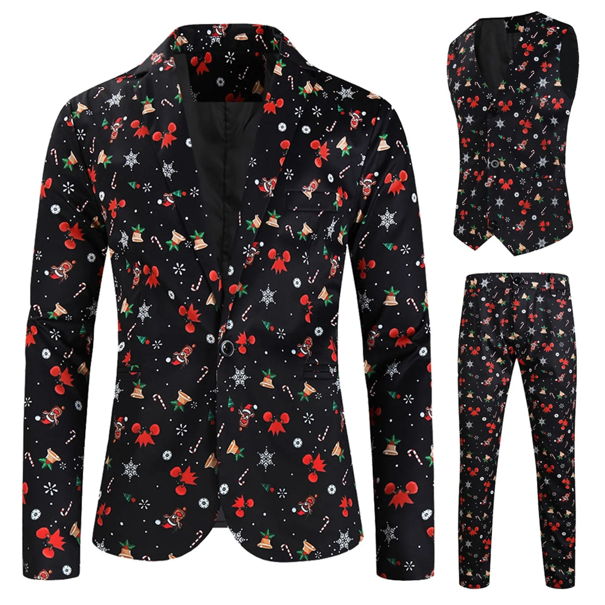 Mens Fashion Casual Suit Printed Christmas Jacket Pants