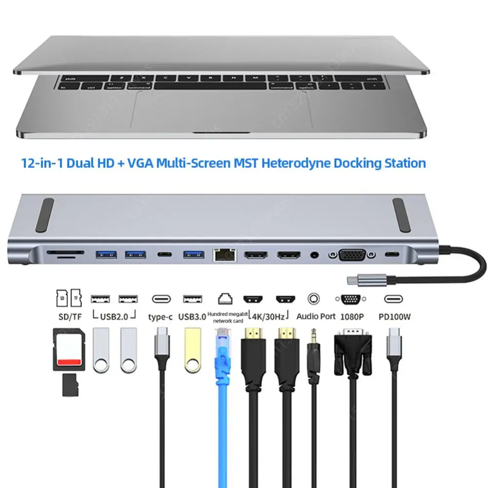 12-in-1 Type-C USB 3.2 Hub VGA Three Screen