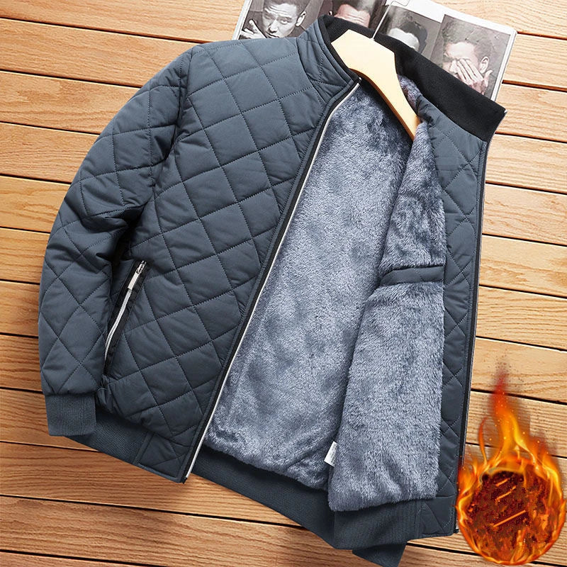 Autumn Winter Bomber Jacket Men Diamond Pattern Fleece