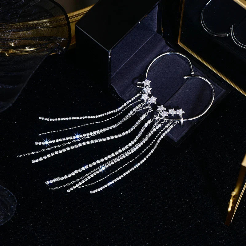 Fashion Sparkling Long Tassel Crystal Stars Ear Clip