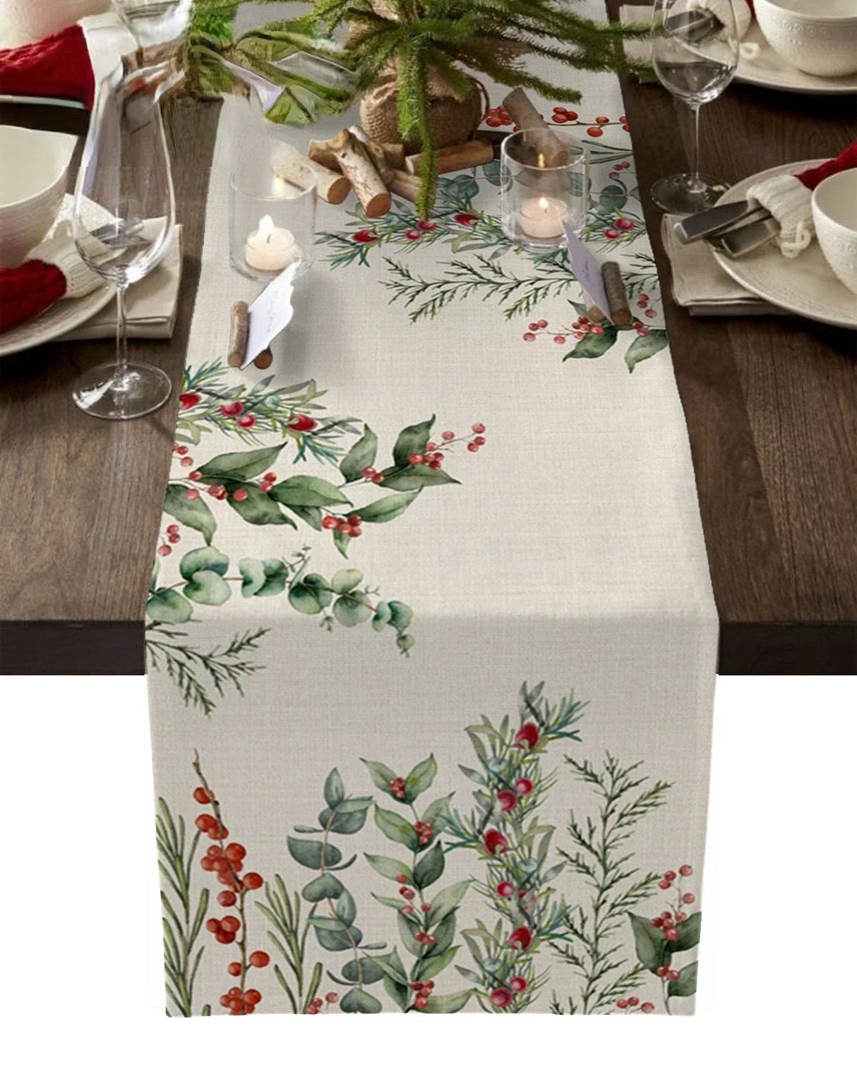 Modern Elegant Table Runner Eucalyptus Berries Robin Table