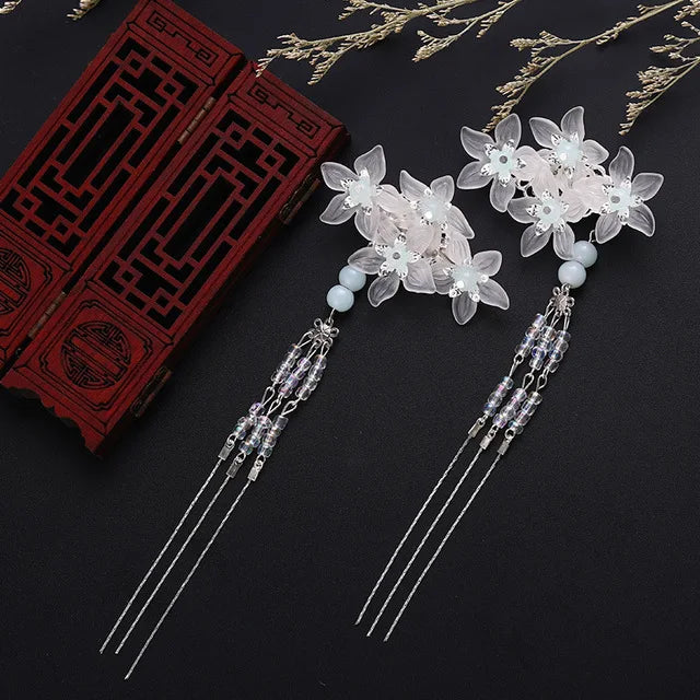 1pair Chinese Hanfu Hair Accessories Red Flower Hairpins