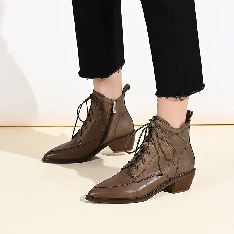 Genuine Leather Retro Mature Women Ankle Boots Pointed