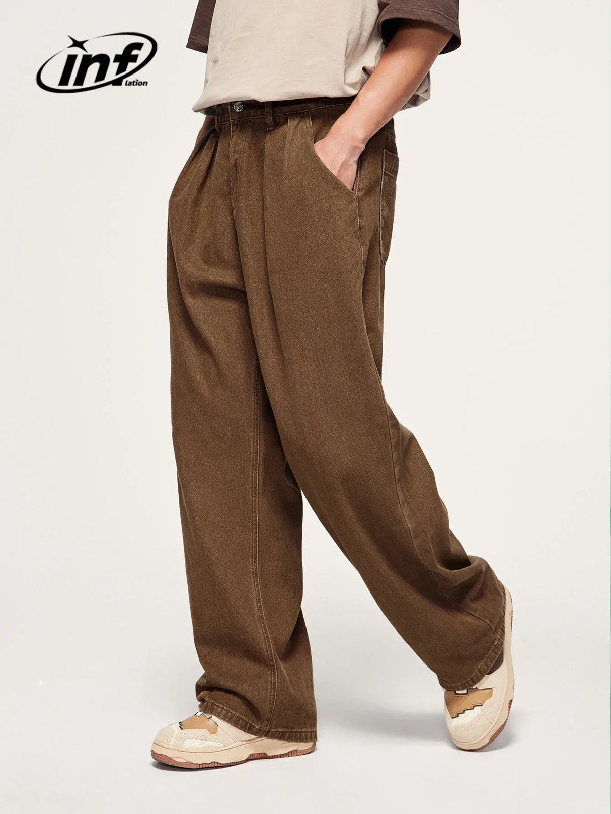 INFLATION Brown Retro Washed Denim Pants Unisex Classic